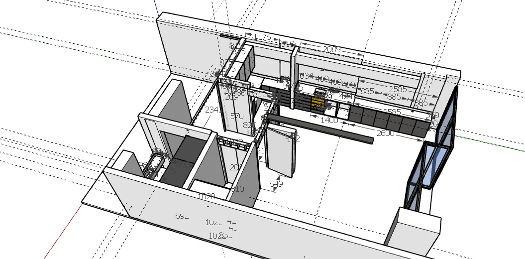 Modelado en SketchUp de cocina con medidas exactas, vista en planta