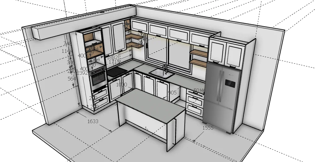 Modelado en SketchUp de cocina con medidas exactas, vista frontal
